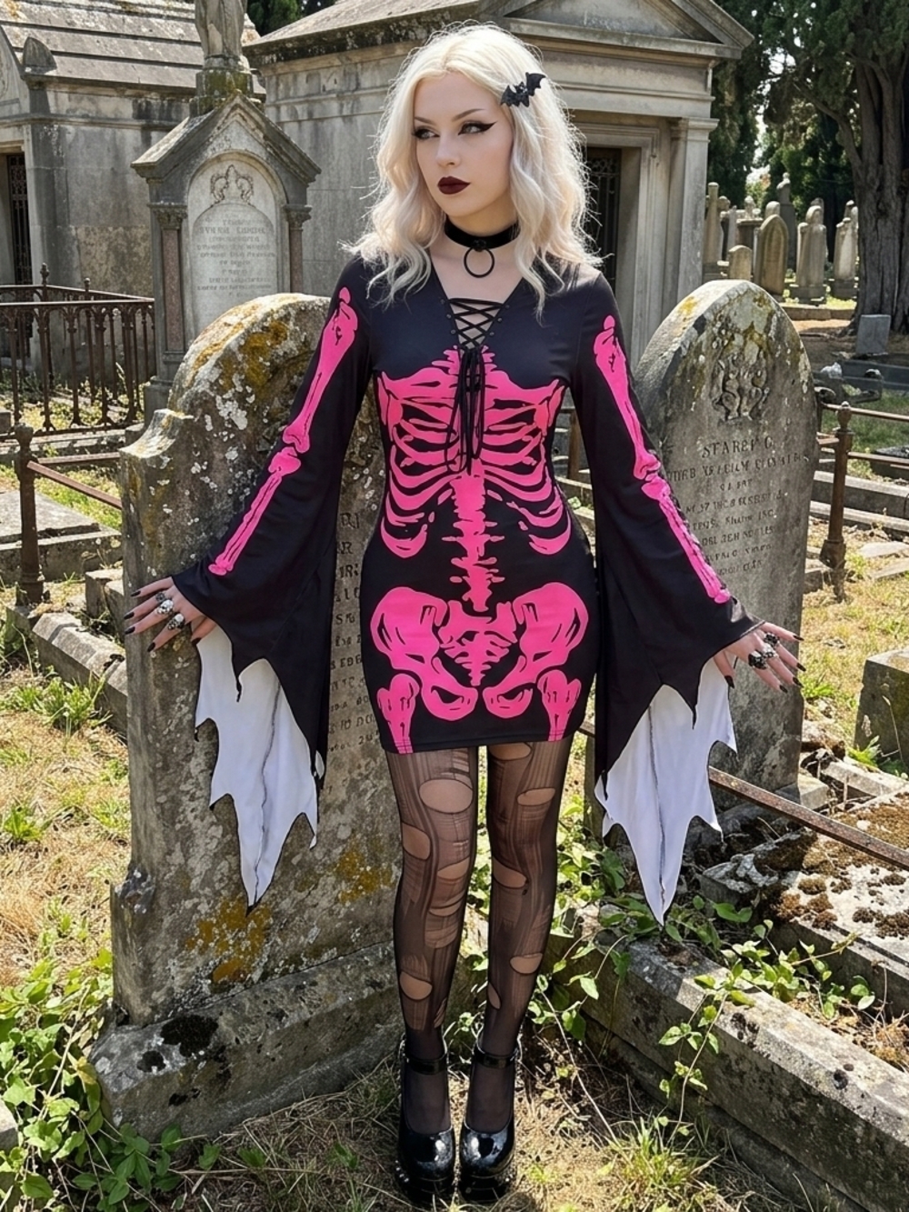 Gothic Lace-Up Mini Dress with Pink Skeleton Print